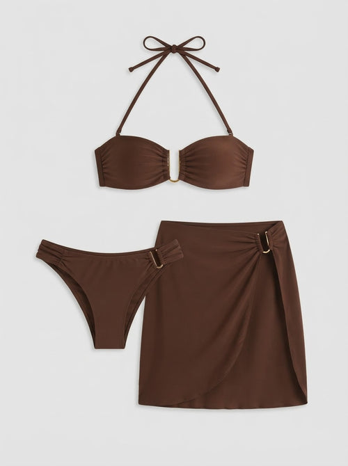 Cocoa Metal Ring Bikini Set in dark brown, top, bottom and wrap skirt