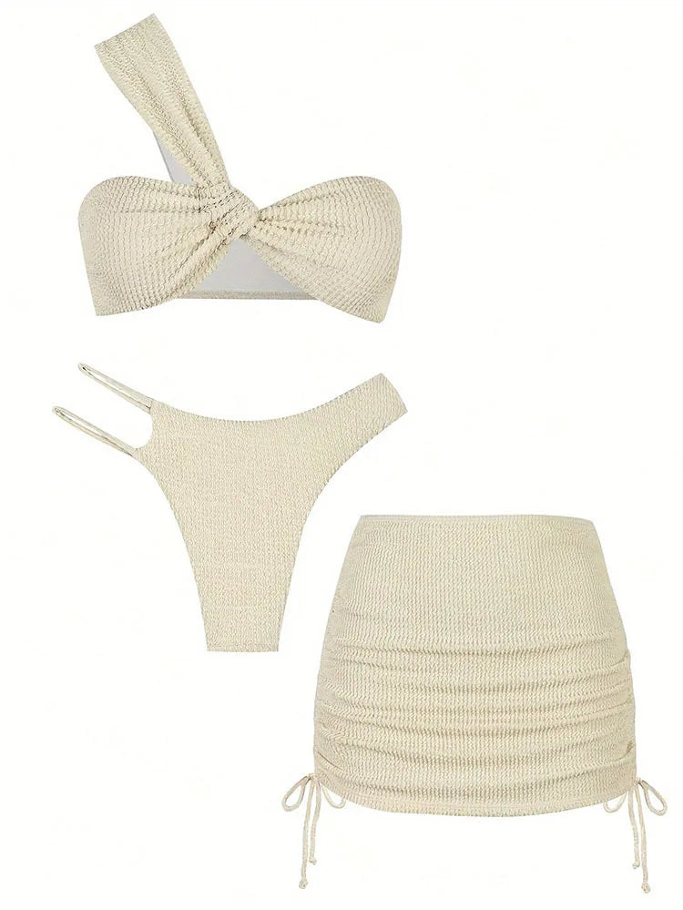 Ivory Crinkle One Shoulder Bikini Set