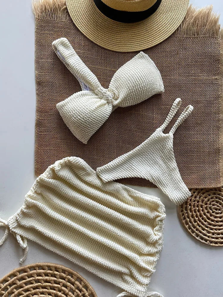 Ivory Crinkle One Shoulder Bikini Set