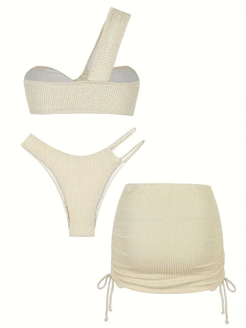 Ivory Crinkle One Shoulder Bikini Set