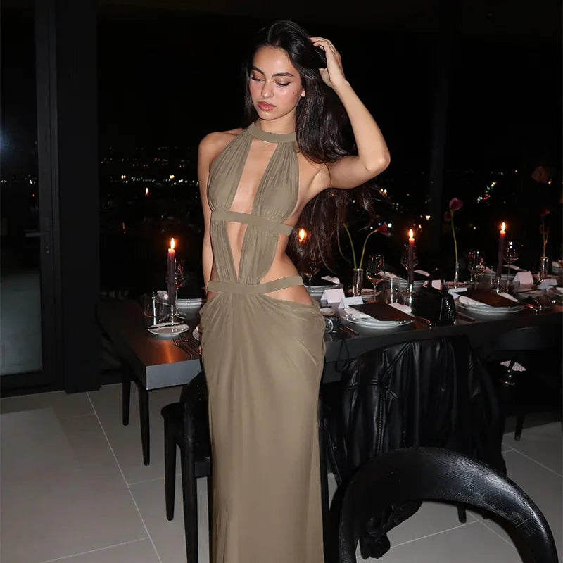 Selene Halter Drape Maxi Dress in Khaki