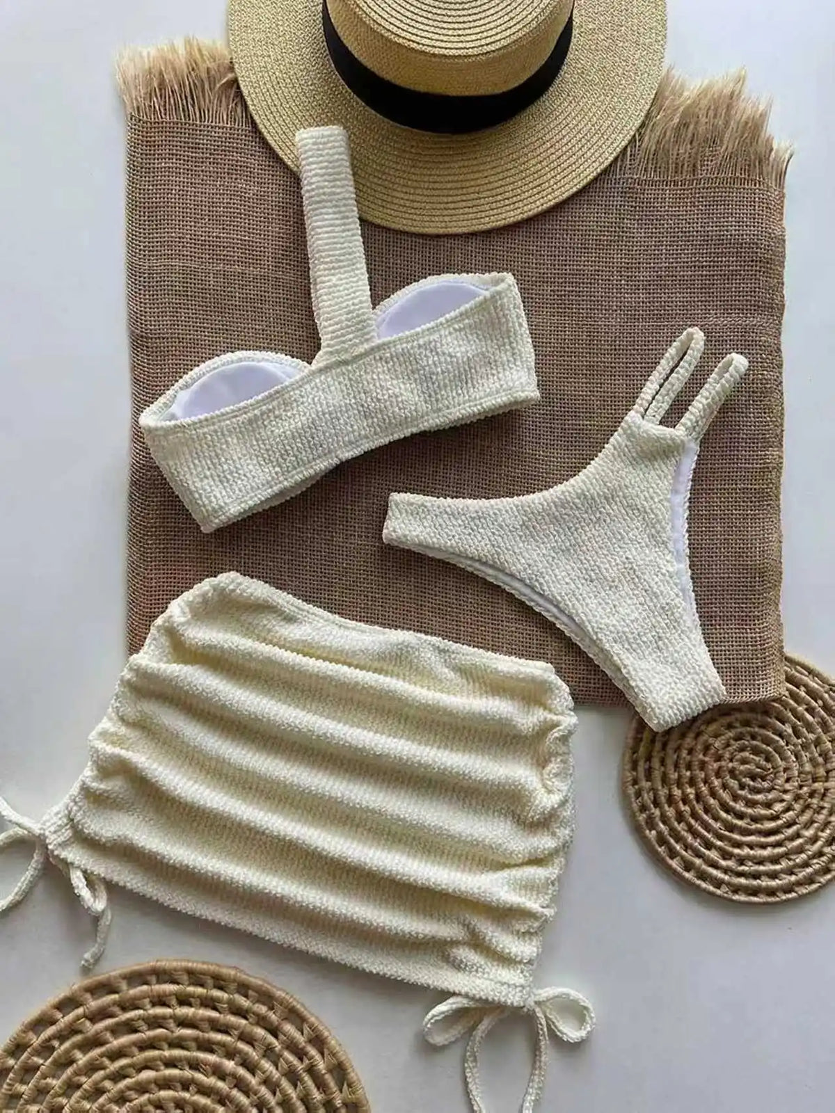 Ivory Crinkle One Shoulder Bikini Set