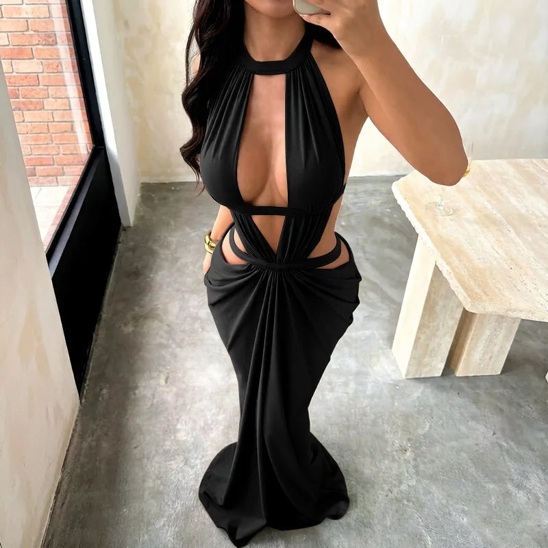 Selene Halter Drape Maxi Dress in Black