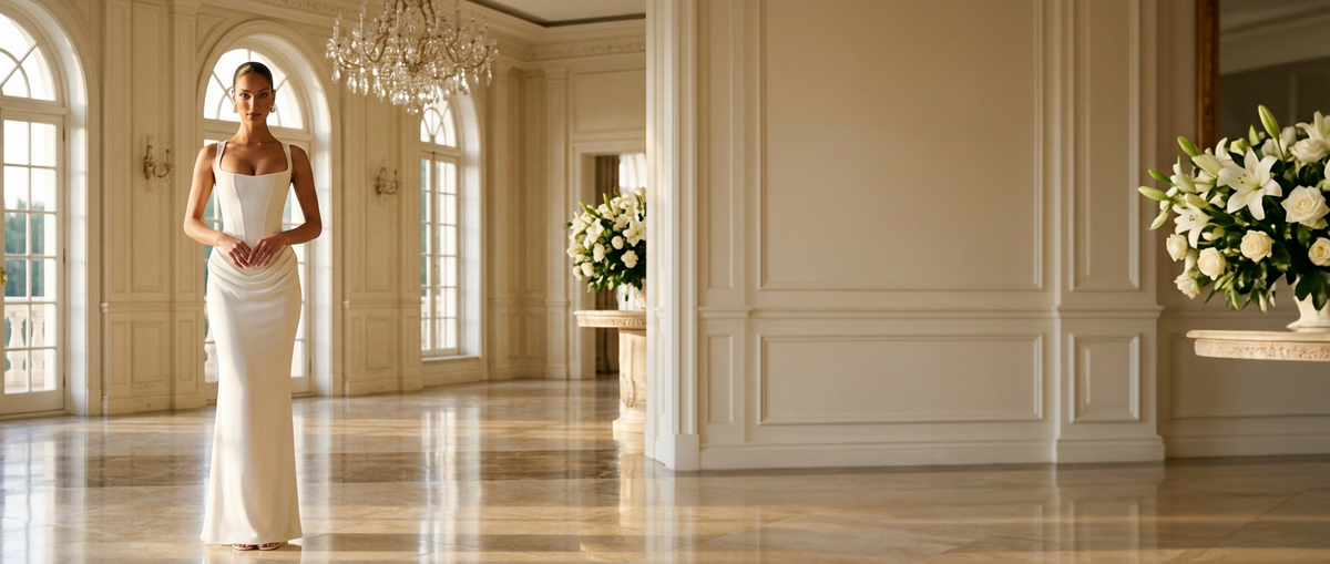 A woman wearing a sleeveless white wedding gown stands in a grand, elegant hall with cream walls, arched windows, and polished floors. Large flower arrangements and a chandelier are visible in the background.